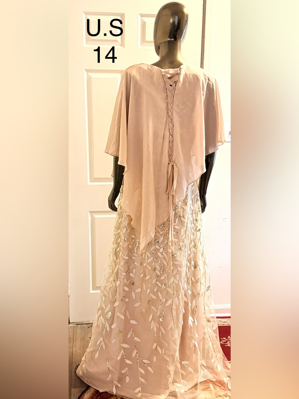Blush Sequin Leaf-Embellished Maxi Dress with Draped Cape